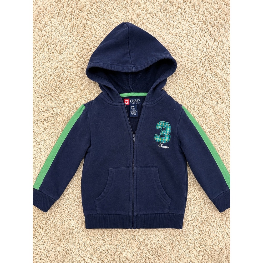 Chaps Boys Navy Blue Zip Up Hoodie Green Stripes Plaid 3 Patch 24M